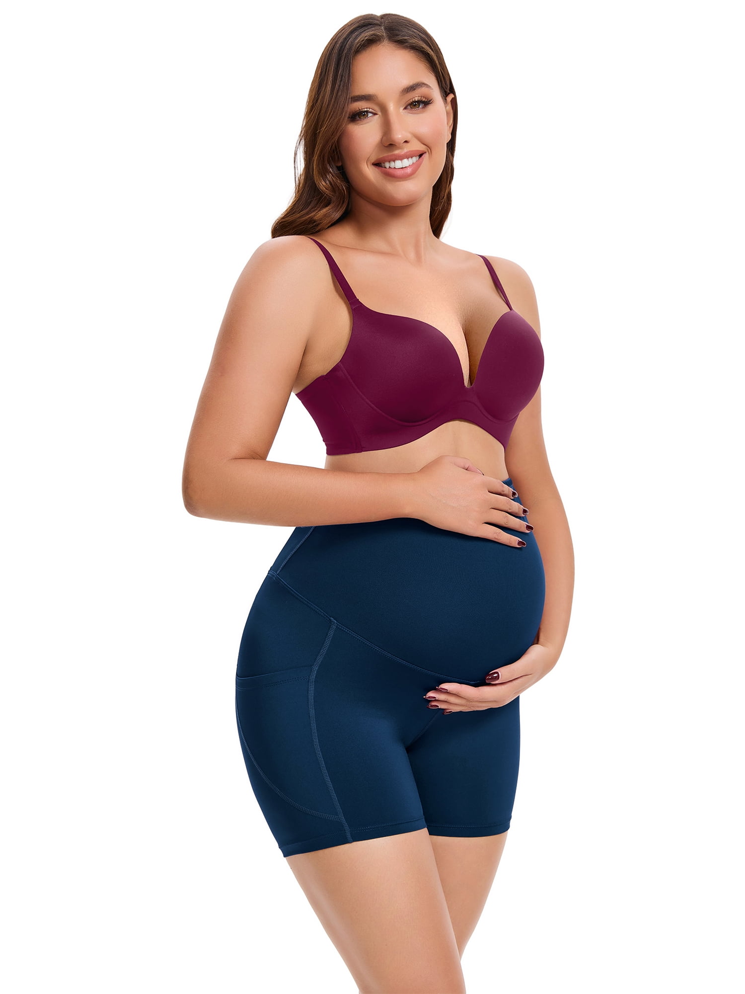 DARING DIVA Women's Maternity Mid Thigh Belly Support High Waist Shorts M Blue