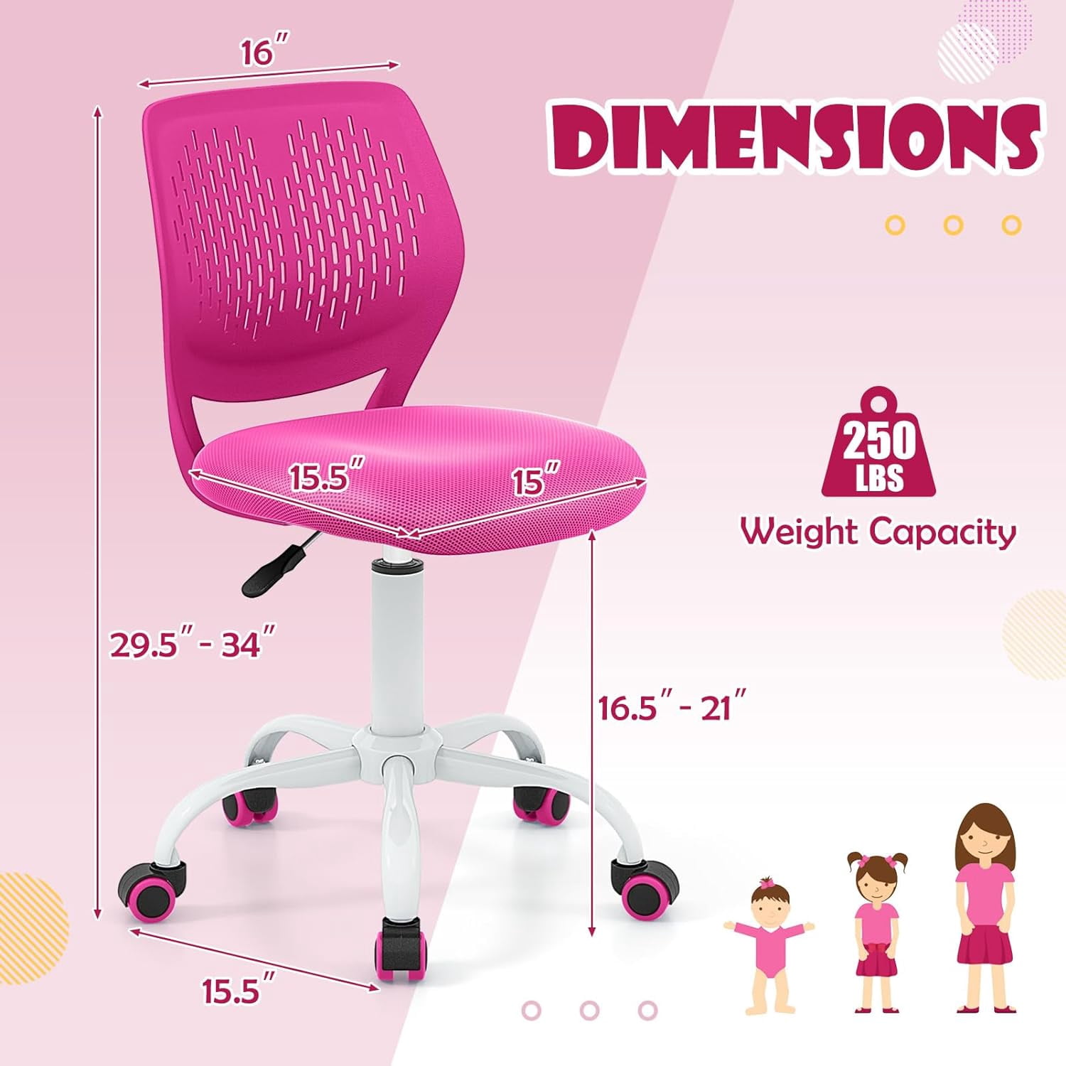 GLACER  Desk Chair, Armless Study Chair with Adjustable Height & Swivel, Low Back, Ergonomic Rolling Office Chair Computer Chair for Teens, Children (Rose)
