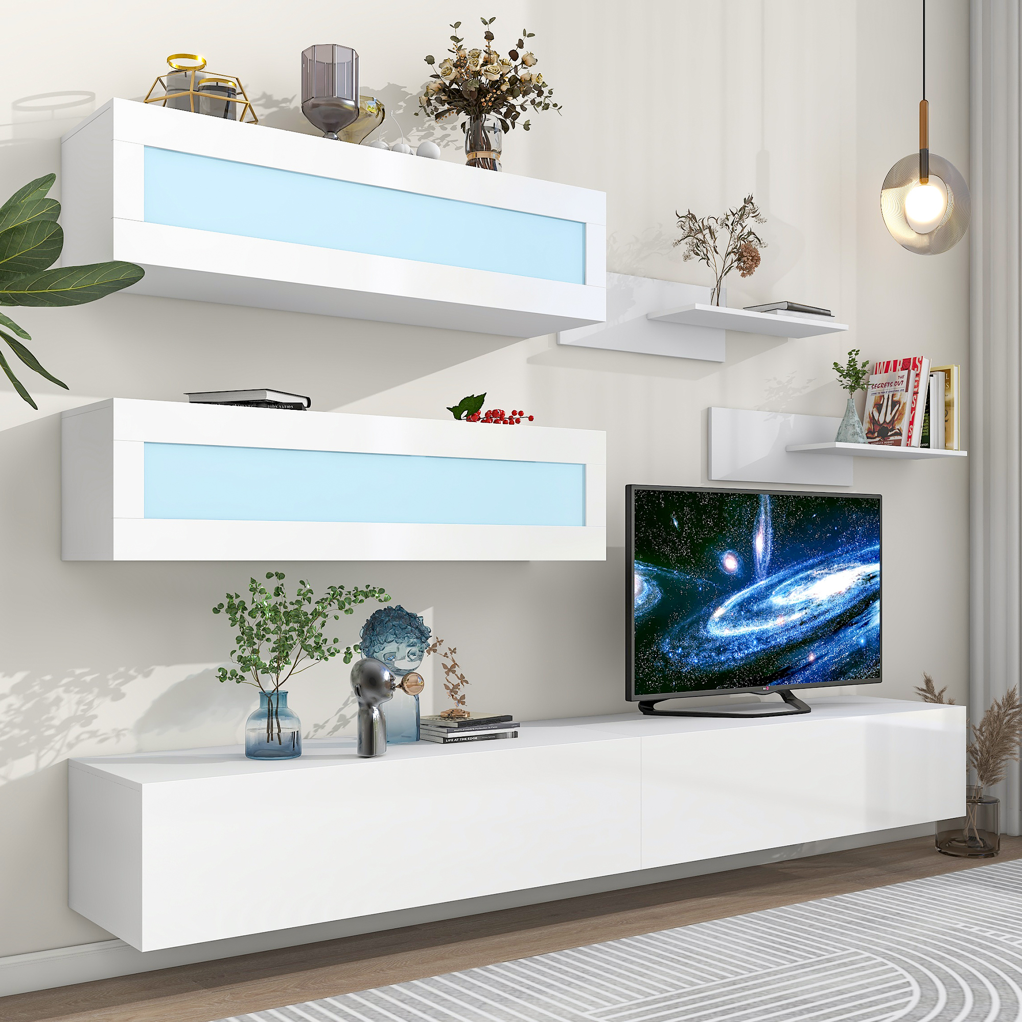 Wall Mount Floating TV Stand with Four Media Storage Cabinets and Two Shelves, Modern High Gross Entertainment Center for 95& inch TV, 16-Color Rgb Led Lights for Living Room, Bedroom, White - image 2 of 9