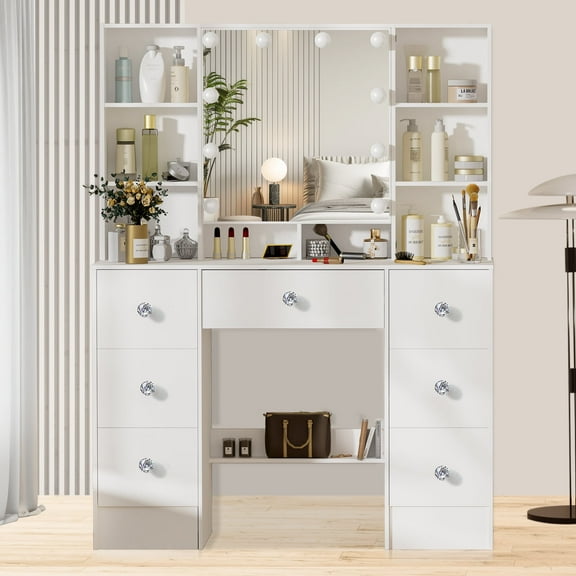 Caulitar Vanity Table with Mirror and Lights, 3 Light Modes, Bedroom Makeup Table Set with Drawers and Shelves, White