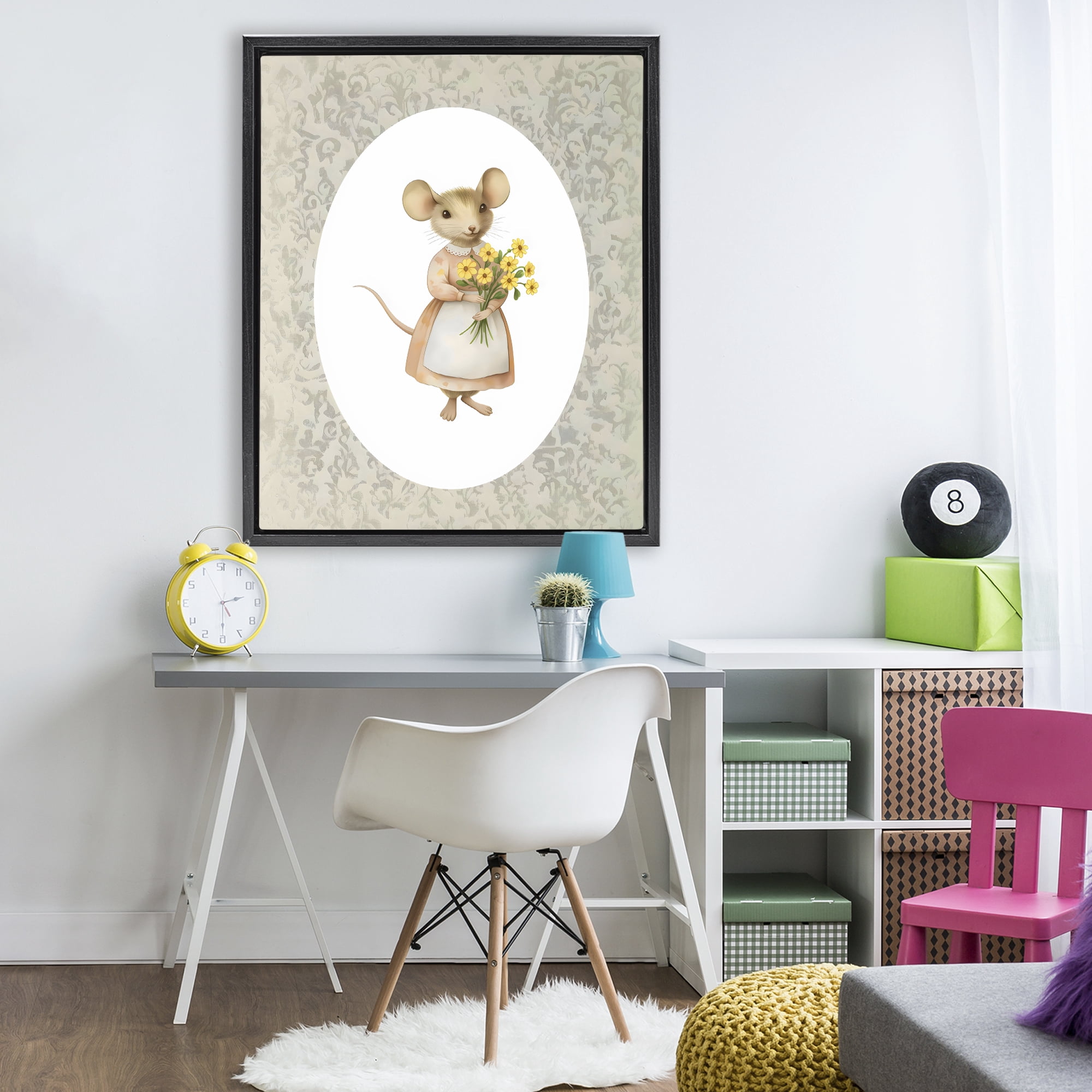 Stupell Industries Little Mouse with Flowers Black Framed Floater Canvas Wall Art, design by Arlington Prints