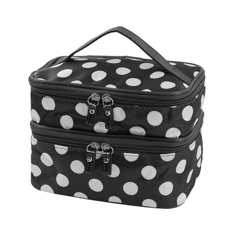 Travel Cosmetic Makeup Bag Organizer Double Layer Dot Pattern Toiletry Bag Case Pouch With Mirror For (Best Makeup Bag With Compartments)