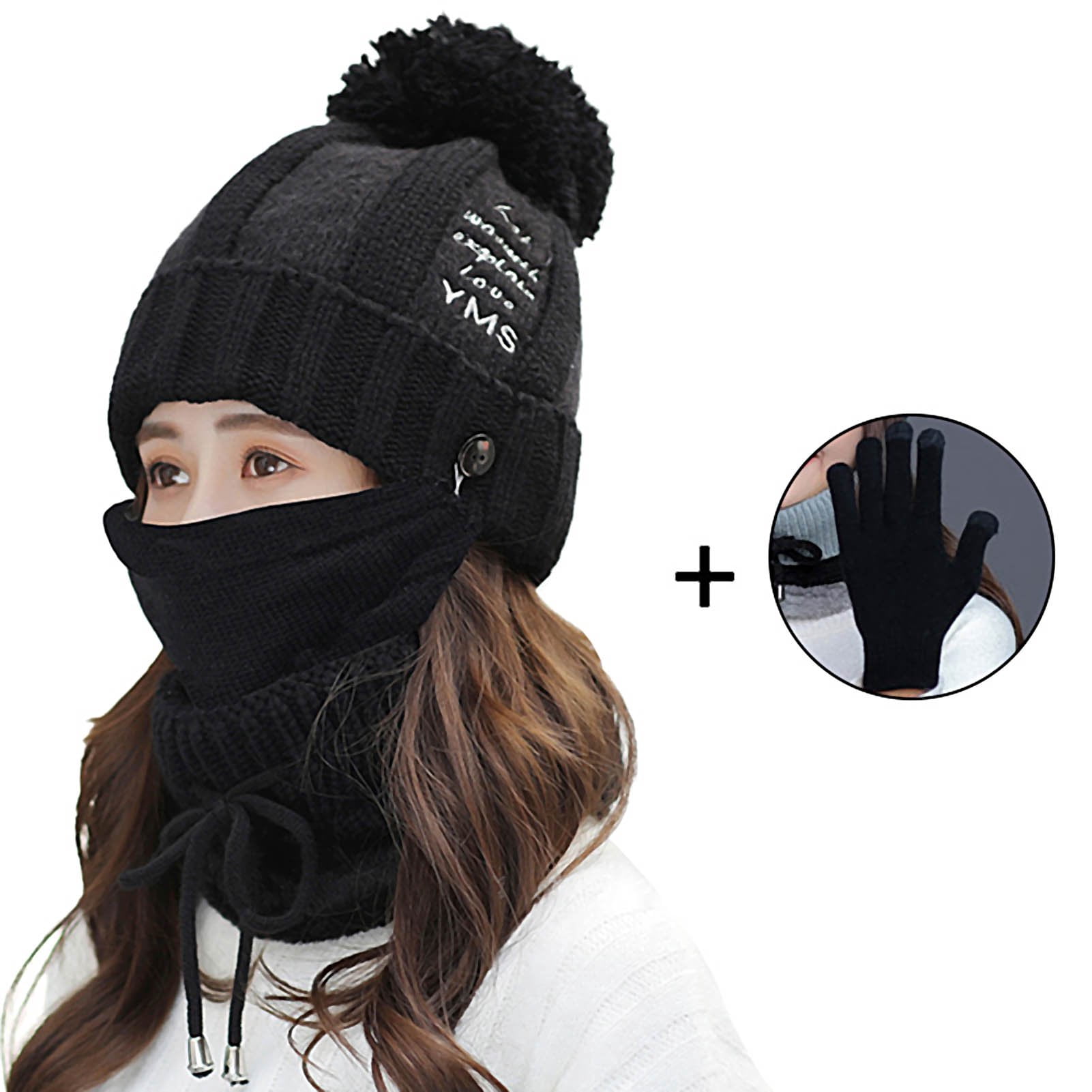 Women Winter Hat Set of 4 , Winter Beanie with Buttons Scarf Facial Cover and Touch Screen Gloves Fleece Lining Kint Hat
