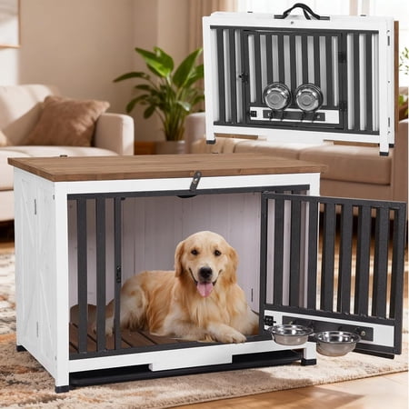 MEDEHOO 33.3’’ Dog Crate Furniture, Folding Dog Crates with 360° Rotating Bowls, Wooden Puppy Cage Kennel with Metal Frame for Small & Medium Dogs Indoor, Removable Tray and Floor (White)