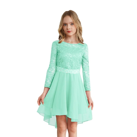 Sxiwei Kids Girls High Low Formal Dress Sequin Lace Bodice Wedding Bridesmaid Chiffon Flower Girl Dress Mint Green 14
