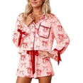 thumbnail image 3 of 2026 Christmas Pajamas for Women Bow Tie Button Up Top and Ruffle Shorts 2 Piece Silk Satin Pjs Y2k Cute Sleepwear, 3 of 6