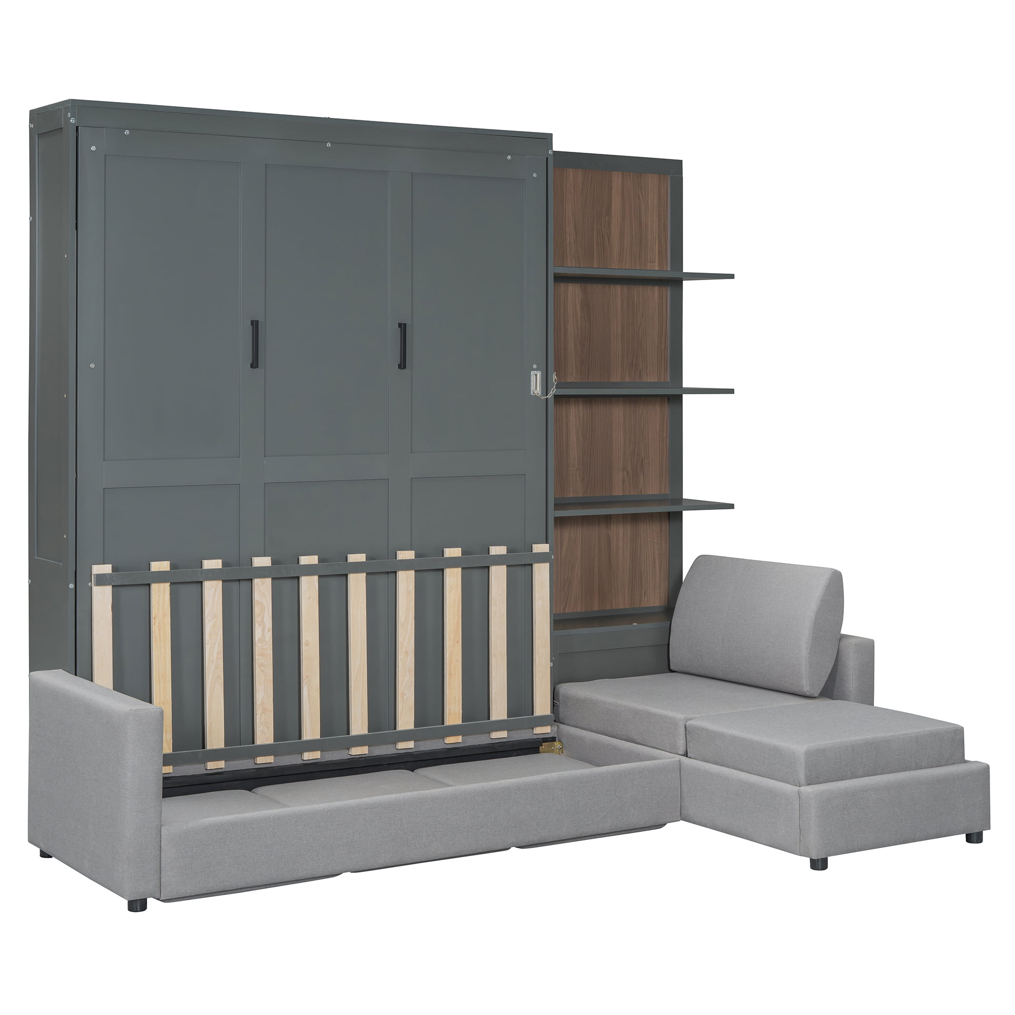 Mintazer Queen Size Murphy Bed with L-Shaped Sectional Sofa & Open Storage Shelves, Foldable Wall Cabinet Bed for Guest Room Home Office Studio Apartment, Gray