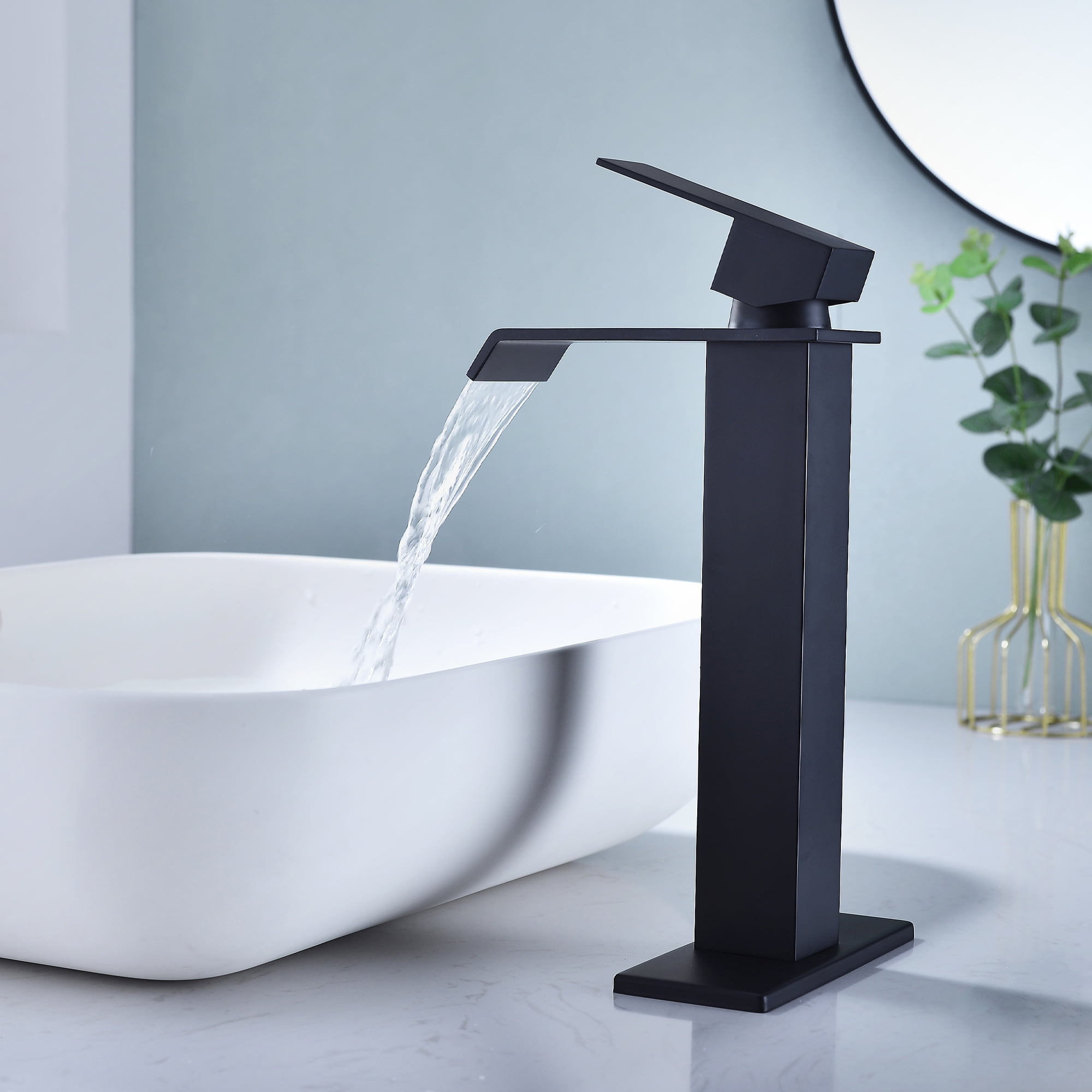 Single handle single hole waterfall spout bathroom vessel sink faucet with deck plate