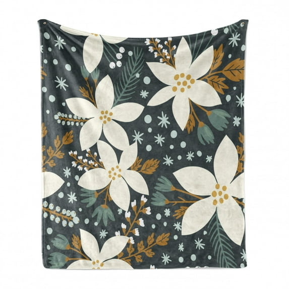 Floral Soft Flannel Fleece Throw Blanket, Hand Drawn Poinsettia Flowers Garden Blossoms Hawaiian Inspired Art Print, Cozy Plush for Indoor and Outdoor Use, 50" x 60", White and Caramel, by Ambesonne