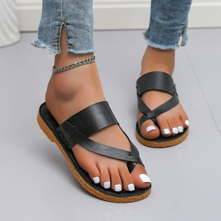 

Women Shoes Ladies Fashion Solid Color Leather Toe Soft Sole Flat Open Toe Casual Sandals Black 7.5