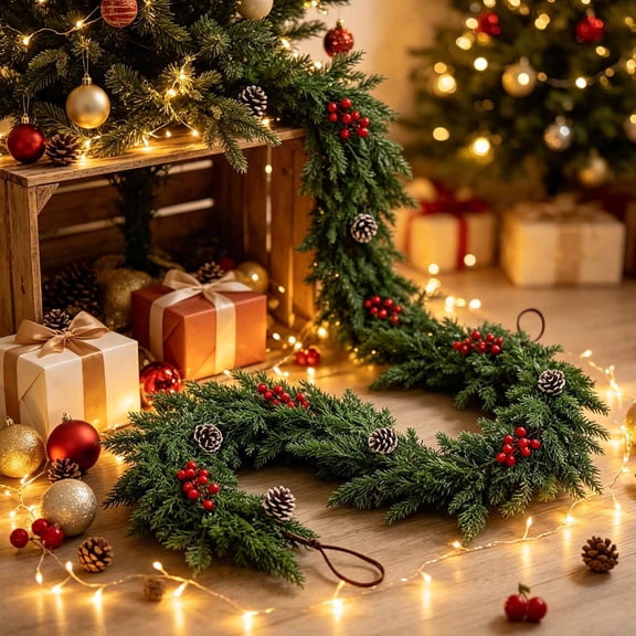 WDOBM Christmas Decoration, Artificial Green Leaf Rattan Hanging Party Decor, Christmas Garland, Red Berry Garland, Lighted Christmas Garland for Mantel Fireplace Front Door