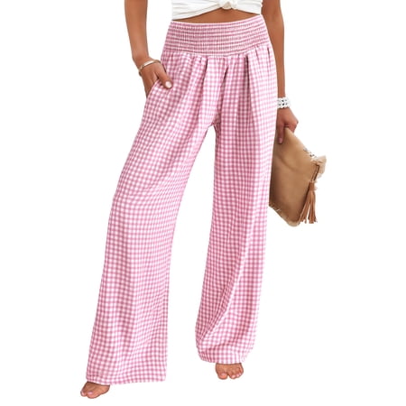 ANRABESS Womens Palazzo Pants Striped & Gingham Lounge & Casual Cute Pajama Pants Wide Leg High Waisted Pockets Pink White Plaid Medium