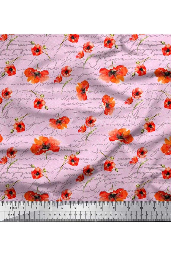 Pink Viscose Chiffon Fabric Text & Poppy Floral Decor Fabric Printed Yard 42 Inch Wide
