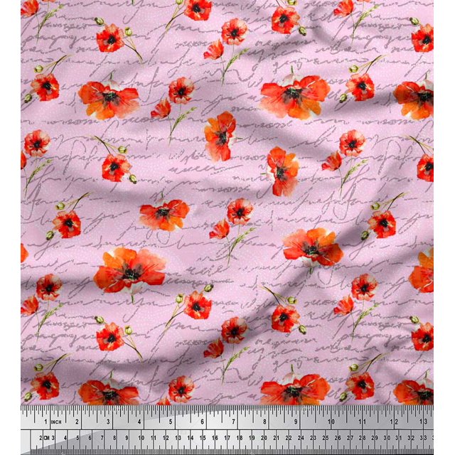 Soimoi Pink Rayon Fabric Text & Poppy Floral Fabric Prints By Yard 56 Inch Wide