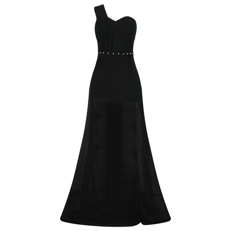 slim fit dress slacks Glitter Black A-line One Shoulder Prom Dresses, Evening Dresses With Split,  MP709
