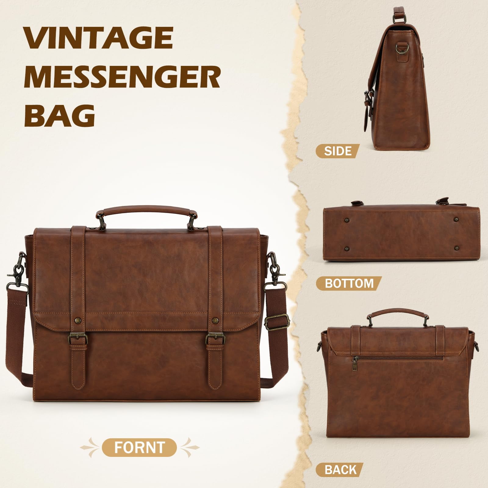 Messenger Bag for Men 15.6 inch Laptop Briefcase Vintage Leather Waterproof Large Computer Satchel Bag Retro Shoulder Bag for Office Business Travel College