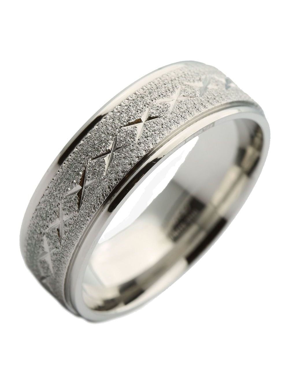 Stainless Steel Sandblasted Diamond-Cut Cross Spinning Flat Band Ring