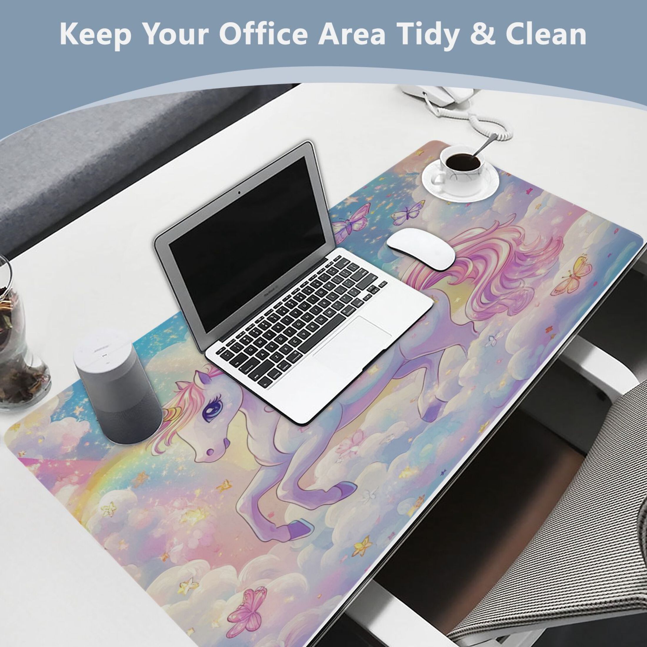 Leather Keyboard and Mouse Desk Mat Office Desk Accessories Protective Office Desk Decor Desk Pad Mat for Gaming, Work from Home, Office Rainbow Colors Unicorn 16.5" x 35.4"