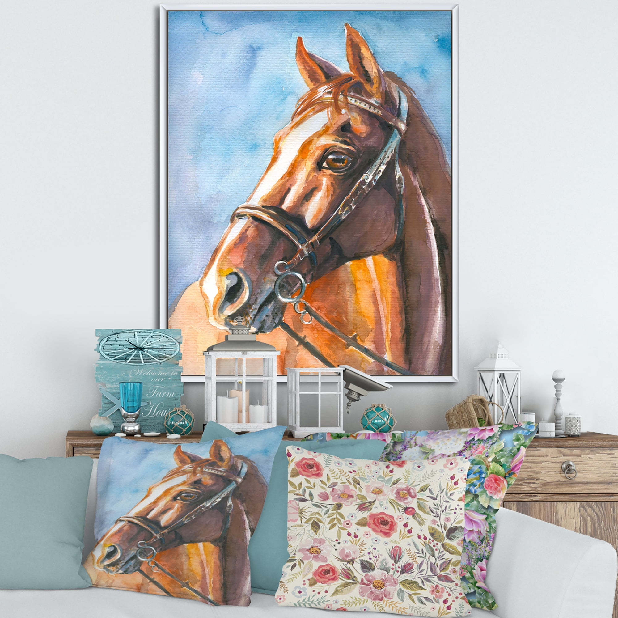 Designart 'Close Up Portrait of A Brown Horse' Farmhouse Framed Canvas Wall Art Print