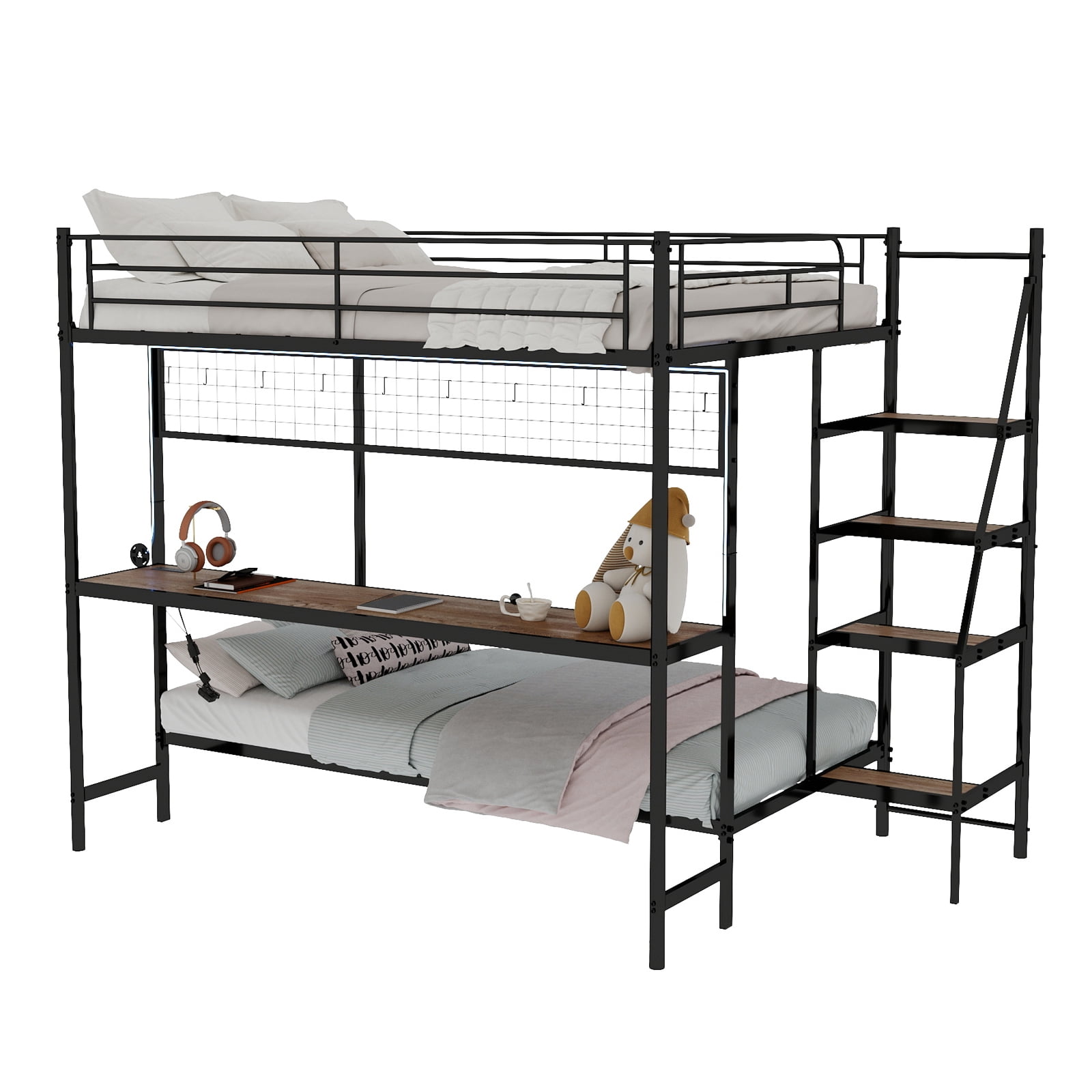 Mintazer Twin Over Twin Metal Bunk Bed with Desk, LED Light & Power Outlet, Bunk Bed Frame with Guardrails and Ladder for Kids Teens Bedroom Dorm Apartment, Black