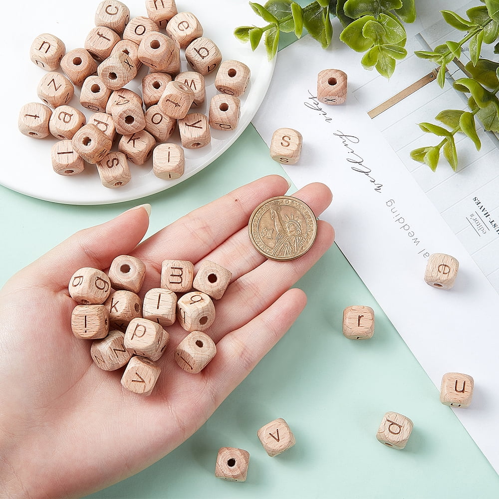 208pcs 10mm Alphabet Wooden Beads Natural Wood Color Square Letters Wooden Beads Wooden Loose Beads with Initial Letter for DIY Crafts - LowercaseDIY
