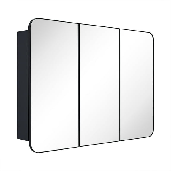 TEHOME Matt Black Triple Door Recessed & Surface Mount Rectangle Bathroom Medicine Cabinet with Mirror 26 x 36'' 3 Door Metal Framed Rectangular Bathroom Cabinet 36 by 26 inches
