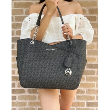 Michael Kors MK Signature Large Jet Set Shoulder Tote Bag with Chain, Black