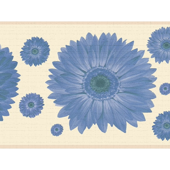 Dundee Deco's Peel and Stick Wallpaper Border - Floral Blue Beige Flowers Wall Border Retro Design, 15 ft x 7 in (4.57m x 17.78cm), Self Adhesive