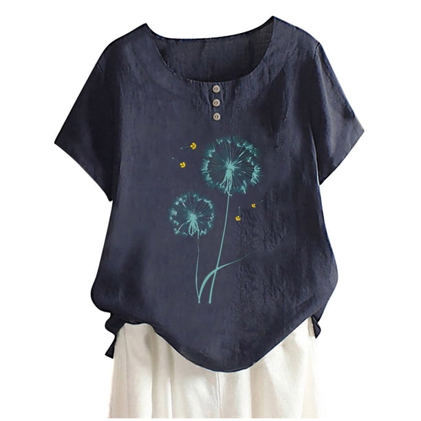 Camisas de Manga Corta para las Mujeres, Blusa de Botón de Impresión Casual con Cuello Redondo Hecha de Tela Suave Transpirable para Verano Primavera, Blusas de Manga Corta para las Mujeres