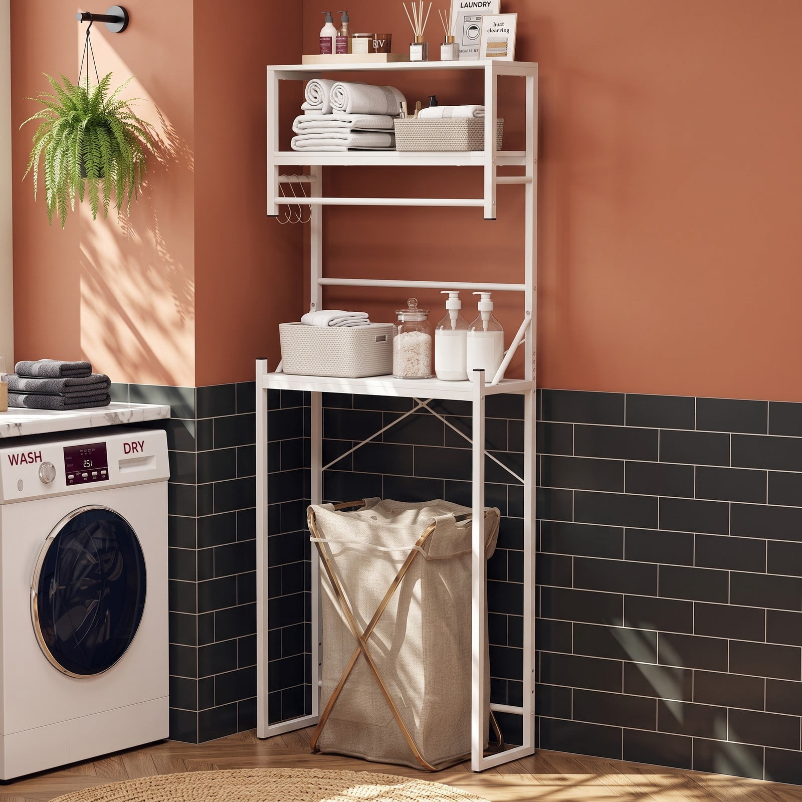 ALPULON Over the Toilet Storage Rack with Open Shelves and Towel Bar for Small Bathroom and Laundry Room Organization, White