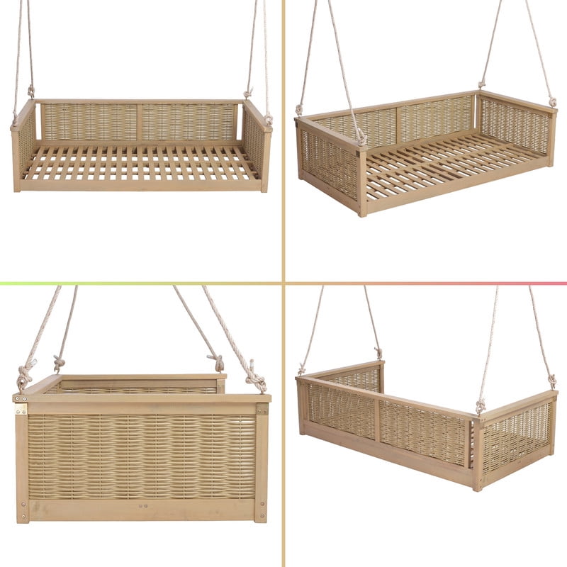 Outdoor Acacia Wood Twin Size 2-Seat Porch Swing Bench, Rattan Hanging Swing Chair Bed with Ropes for Patio, Garden, Backyard