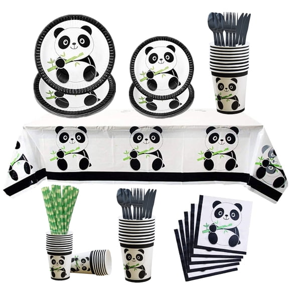 166 Pcs Panda Party Supplies, Panda Disposable Tableware Set with Dessert Plates, Cups, Napkins, Straws, Tablecloth, Knifes, Forks, Spoons for Kids Baby Shower Birthday Decoration, Serves 20 Guests