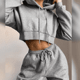 thumbnail image 2 of Women's 2-Piece Fleece-Lined Tracksuit Set, Cropped Hoodie with Jogger Pants, Casual Athletic Style, Gray - Large, 2 of 3