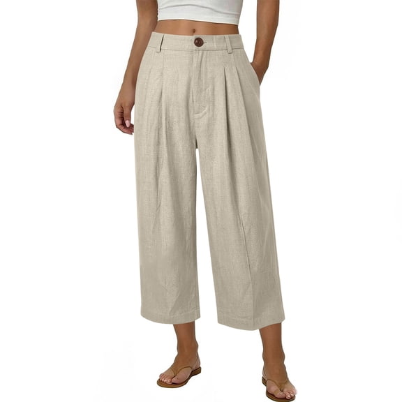 ZHYou No BoundarieWide Leg Capri Pants for Women High Waisted Linen Blend Pleated Button Closure Loose Fit Flowy Casual Summer Trousers Beige Size L