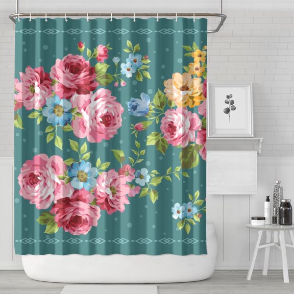 Pioneer Colorful Floral Shower Curtain for Bathroom Home Decor Bathtubs Waterproof Fabric Curtain with 12 Hooks 72x84in