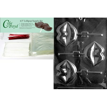 

Cybrtrayd 45StK25R-V104 Large Lips Lolly Valentine Chocolate Candy Mold with Lollipop Supply Bundle Includes 25 Lollipop Sticks 25 Cello Bags 25 Red Twist Ties Instructions
