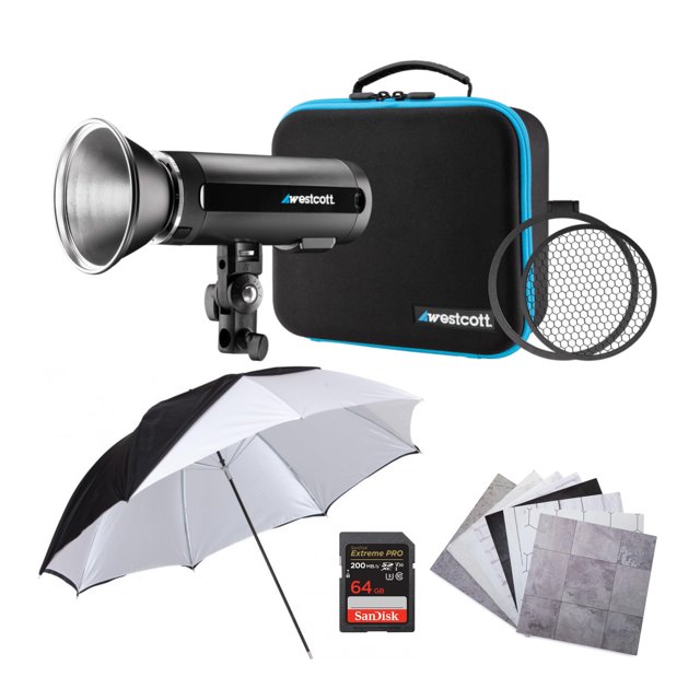Paquete de luces estroboscópicas Westcott FJ200 de 200 W con tarjeta SD de 64 GB y paraguas
