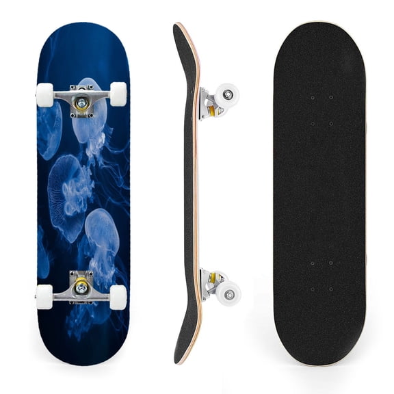 31"x8" Translucent Jellyfish Floating Deep Blue Complete Skateboards for Beginners, Double Kick 7 Ply Maple Deck Skateboard with Wheels, Gifts for Kids Teens