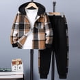 thumbnail image 2 of UYYX Baby Outfits Young Boys Layered Plaid Hood Jacket Loose Fit Jogger Pants Suit Comfort Spring Boys Clothing（Brown,9-10 Years）, 2 of 7