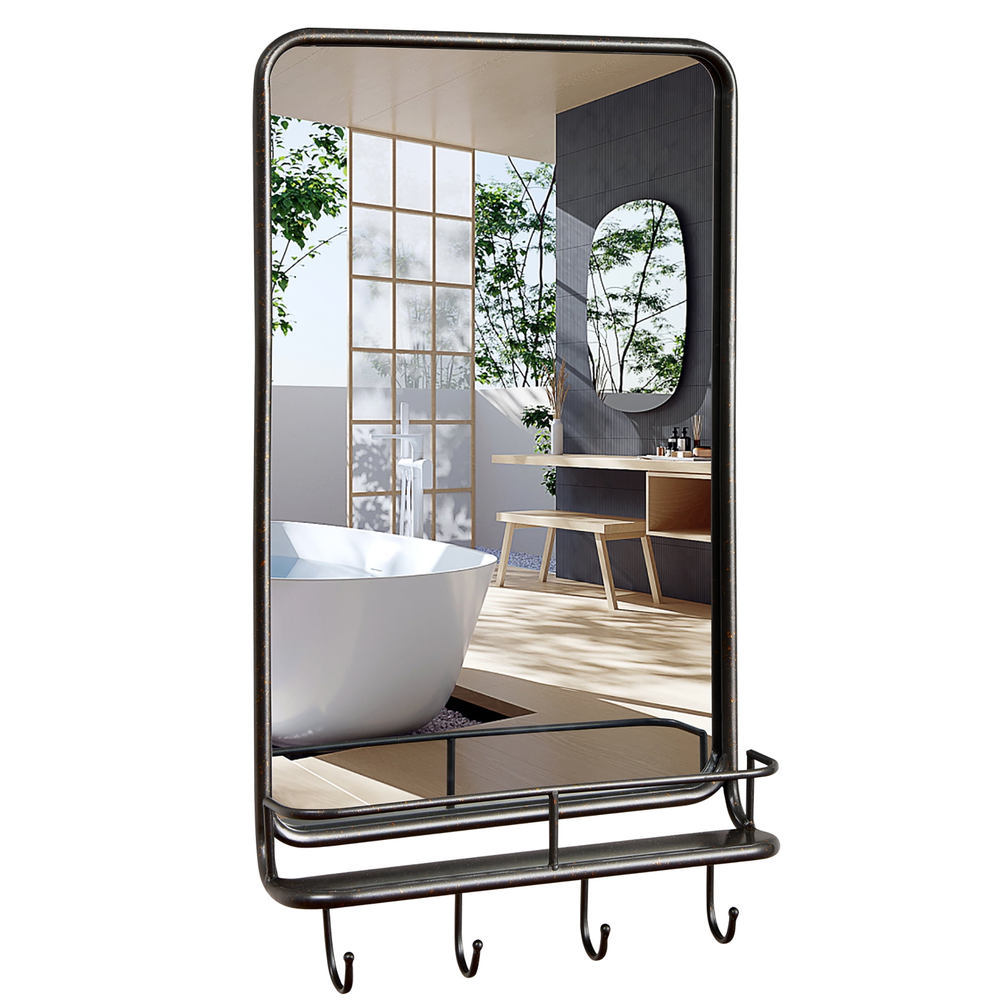 Bathroom Mirror with Shelf, Sticky Hook Suction Installation, Plastic  Waterproof Durable HD Contemporary Simple Decorative Design,White