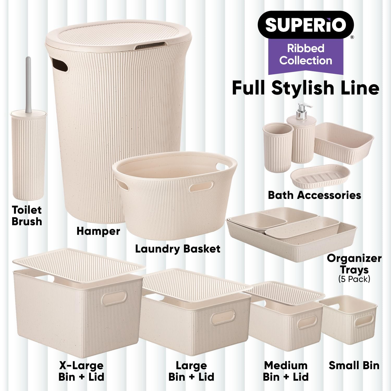 Superio Ribbed Collection - Decorative Plastic Open Home Storage Bins Organizer Baskets, Eco (Parent) Container Boxes for Organizing Closet Shelves Drawer Shelf (Bin - Extra Large (22 Liter)- 4 Pack)