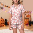 thumbnail image 5 of KPOPLK Tween Halloween Pjs Set Ghost Pumpkin Print Girls Silk Pjs Short Sleeve Button Down Nightwear with Shorts Set Tween 12-13 Years Little's Pajamas,Size 12-13 Years, 5 of 9