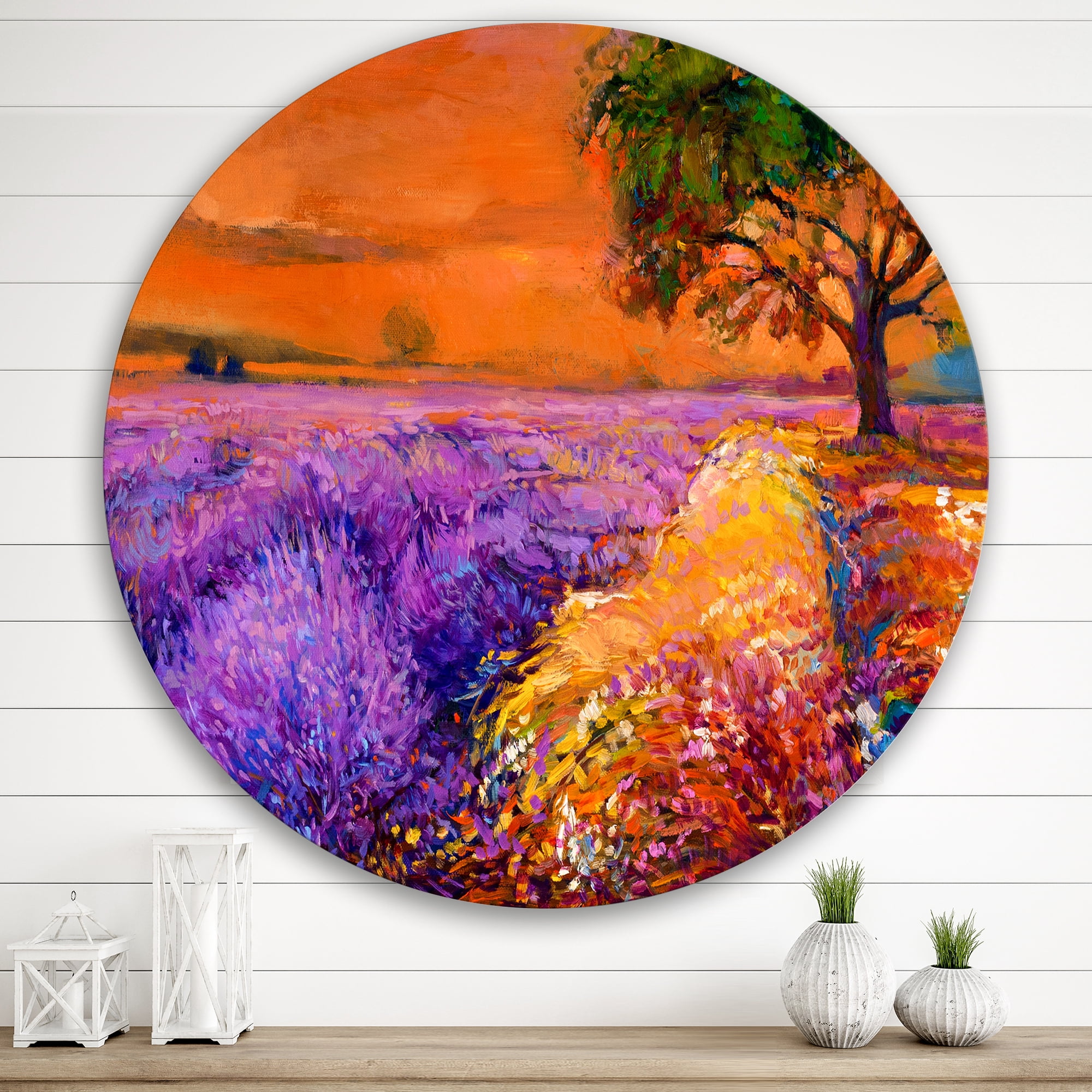 Designart 'An Orange Sunset Over Purple Lavender Fields II' Farmhouse Circle Metal Wall Art 29x29 - Disc of 29