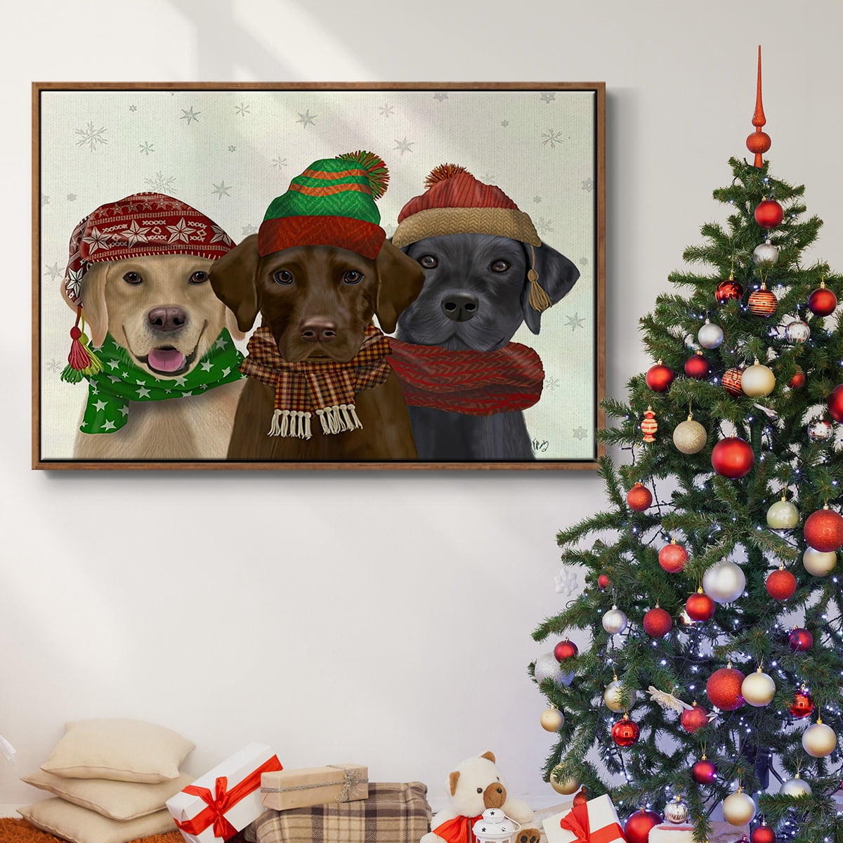 Christmas 3 Winter Labs - Framed Gallery Wrapped Holiday Canvas - 27 x 41 - Rosewood Frame