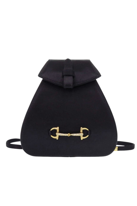 Pre-Owned Gucci Horsebit Backpack, Satin with Rhinestones, Black Mini Bag, 0837 (Good)