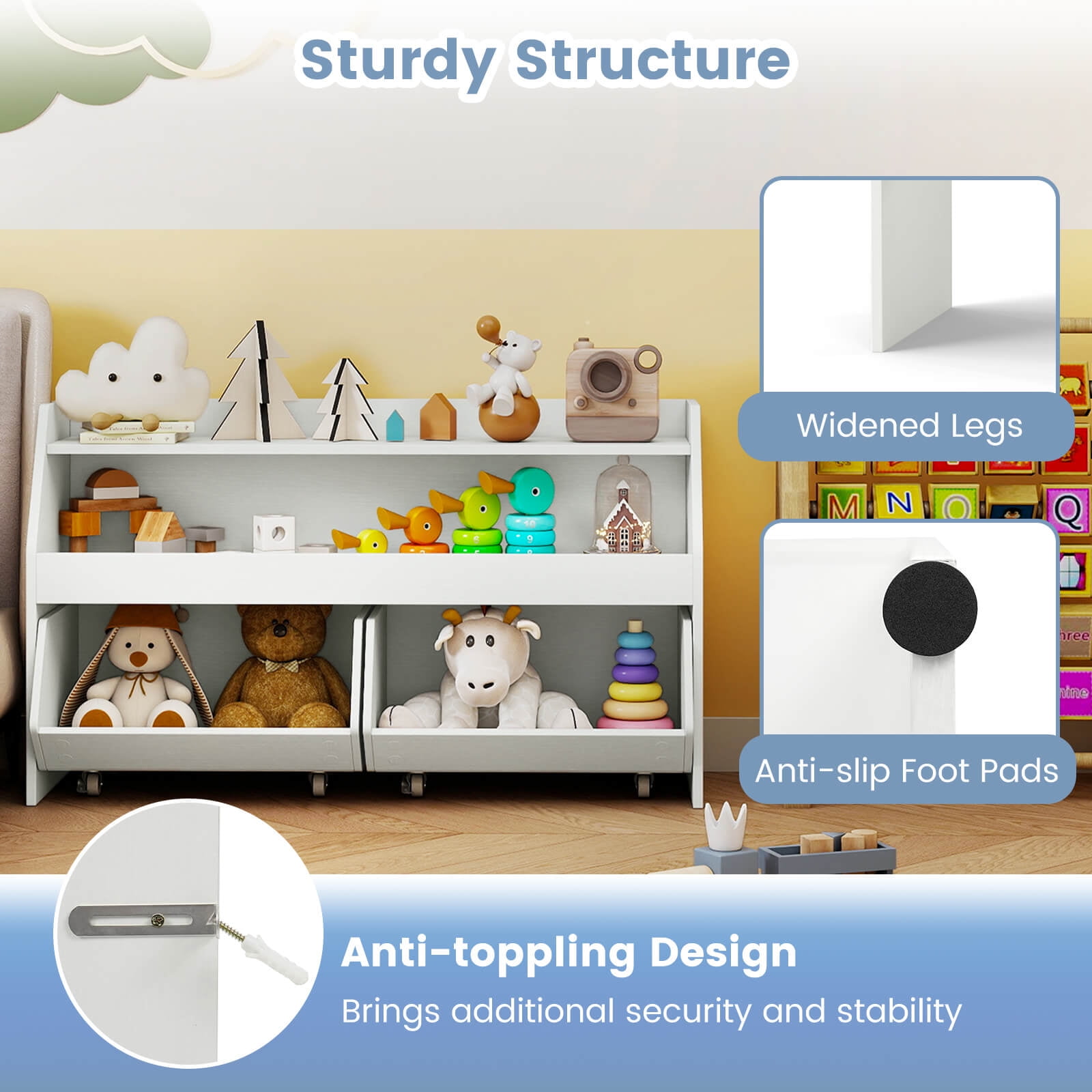 Costway Kids Toy Storage Organizer with 2 Movable Drawers Open Shelf Compartment for Kids White