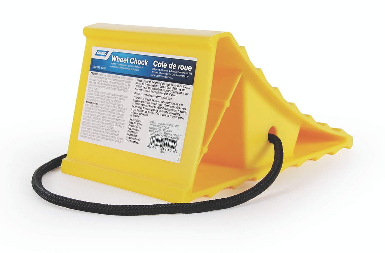 WHEEL CHOCK W/ ROPE, Camco, Wheel Chock With Rope, Keeps Trailer In Place So You Can Re Hitch With Confidence, Constructed Of Durable Hard Plastic With UV Inhibitors For Years Of Use, Includes Rope For Safe & Easy Removal From The Wheel, For Use With Tires Up To 26" In Diameter, Not For Commercial Use Or With Heavy Comm