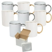 Mugsie Set Of 8 11 oz. MIXED GOLD & SILVER Rim and Handle - Ceramic Sublimation Mugs - Professional Grade - Cardboard Box with