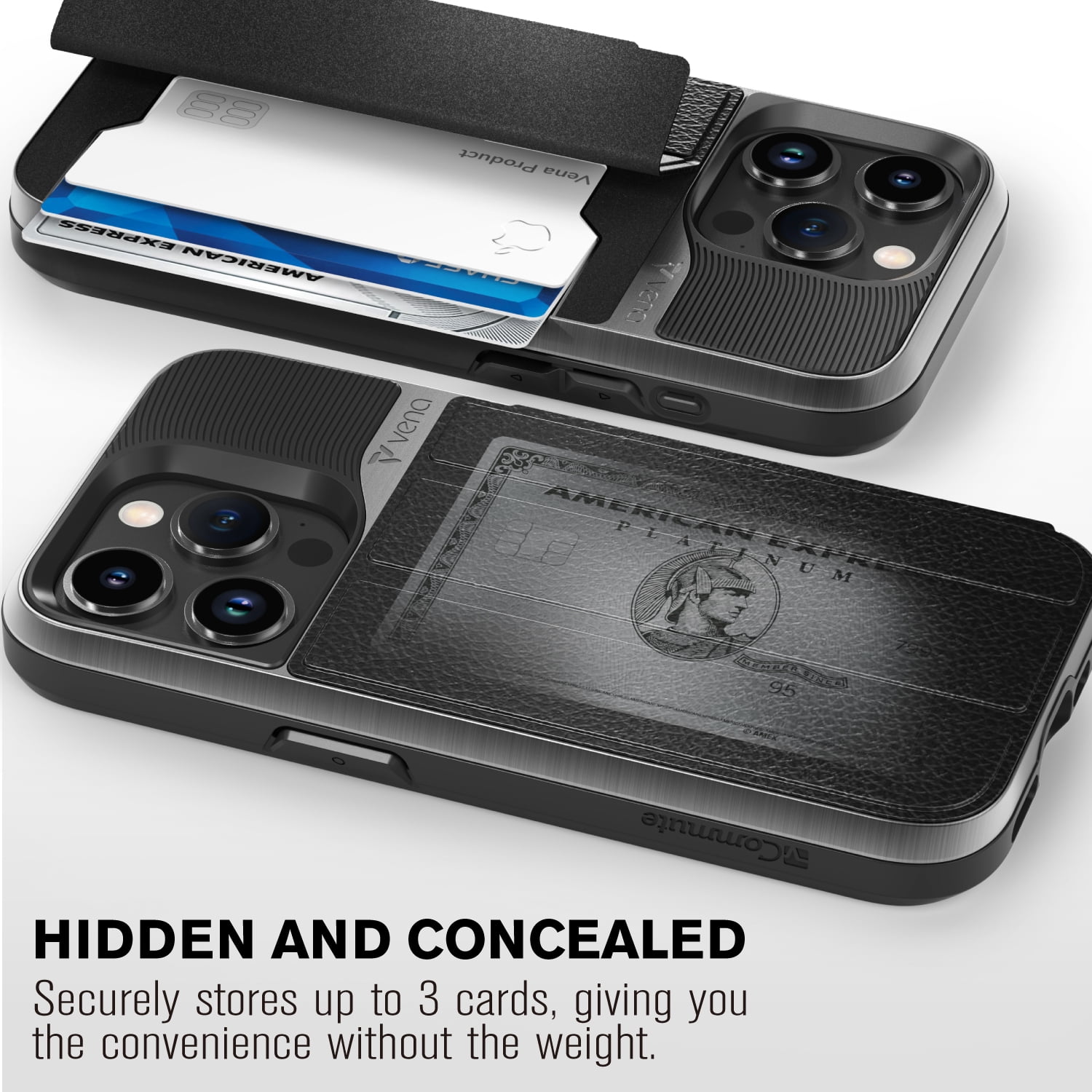 VENA vCommute Wallet Case Compatible with Apple iPhone 15 Pro (6.1"), (Military Grade Drop Protection) Flip Leather Cover Card Slot Holder with Kickstand - Space Gray / Black
