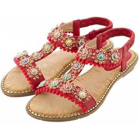 Summer Bohemian Casual Sandals Fashion Ladies Round Head Crystal Flat Beach Shoes Ladies Summer Sandals (Color : Red  Size : 5)